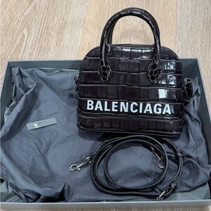 Balenciaga Black Croc-Embossed Top-Handle Satchel with White Logo